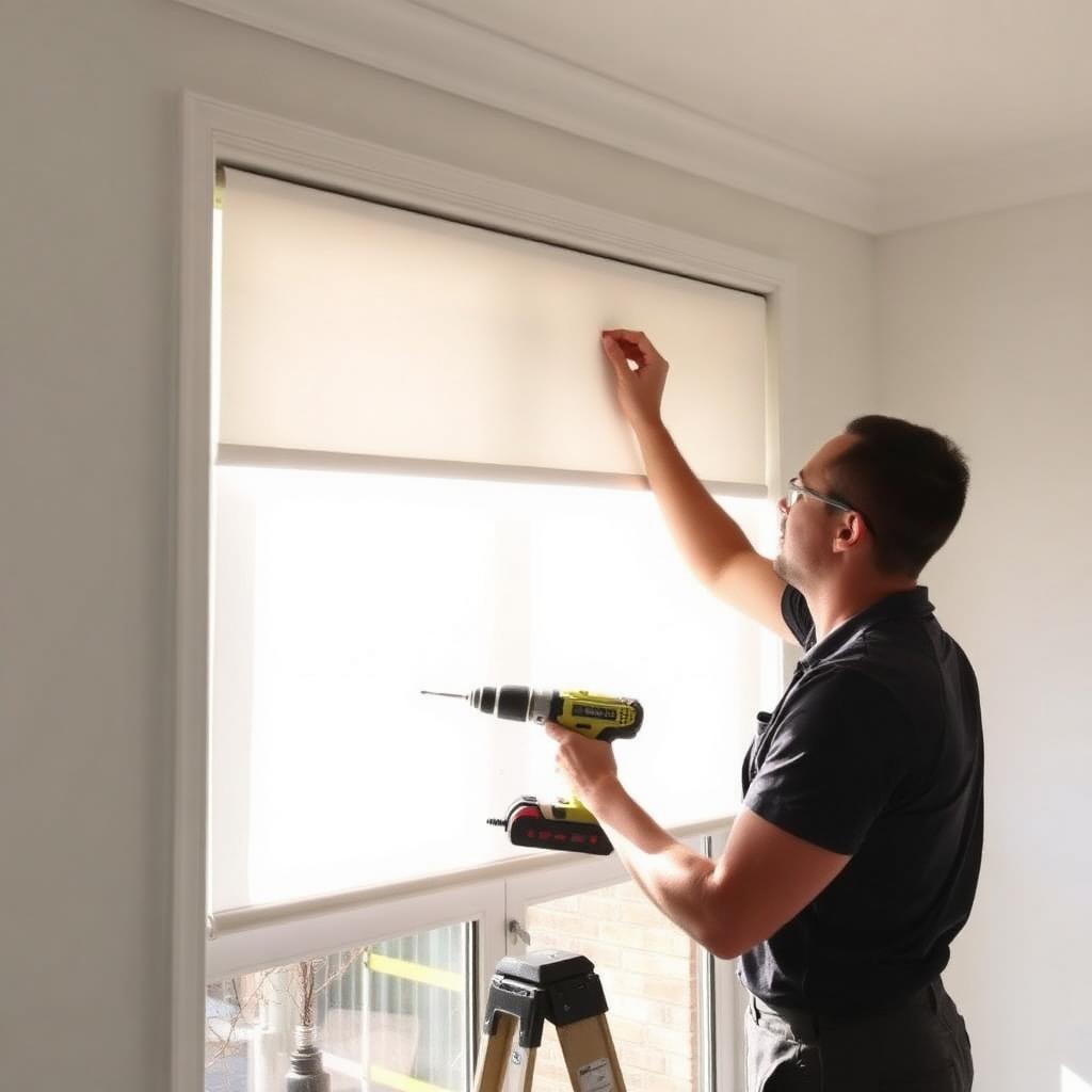 Tradesperson installing a roller blind above a window