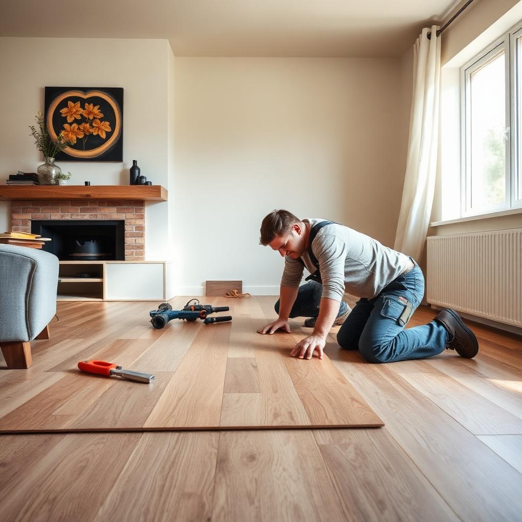 Installer laying timber-look flooring planks in a living room