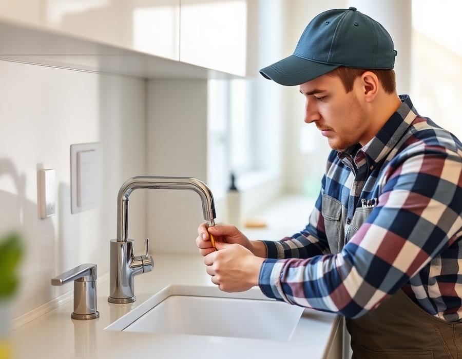 Tradesperson inspecting a residential plumbing fixture