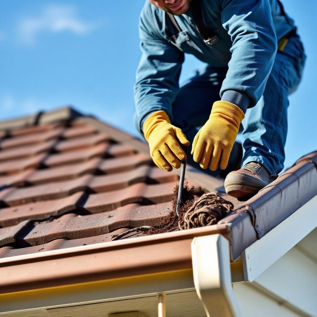 Worker clearing debris from a residential roof gutter